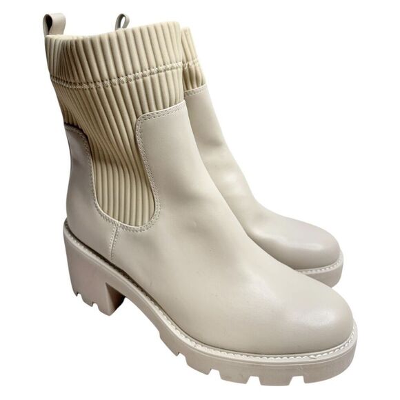 Bar III Boots Cream Chunky Heel Size 11 Womens Ribbed Ankle Booties Side Zip - Picture 1 of 8